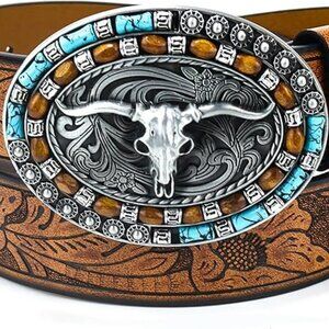 Western Cowboy Leather Belt Women Turquoise Large Oval Buckle 27"-41"